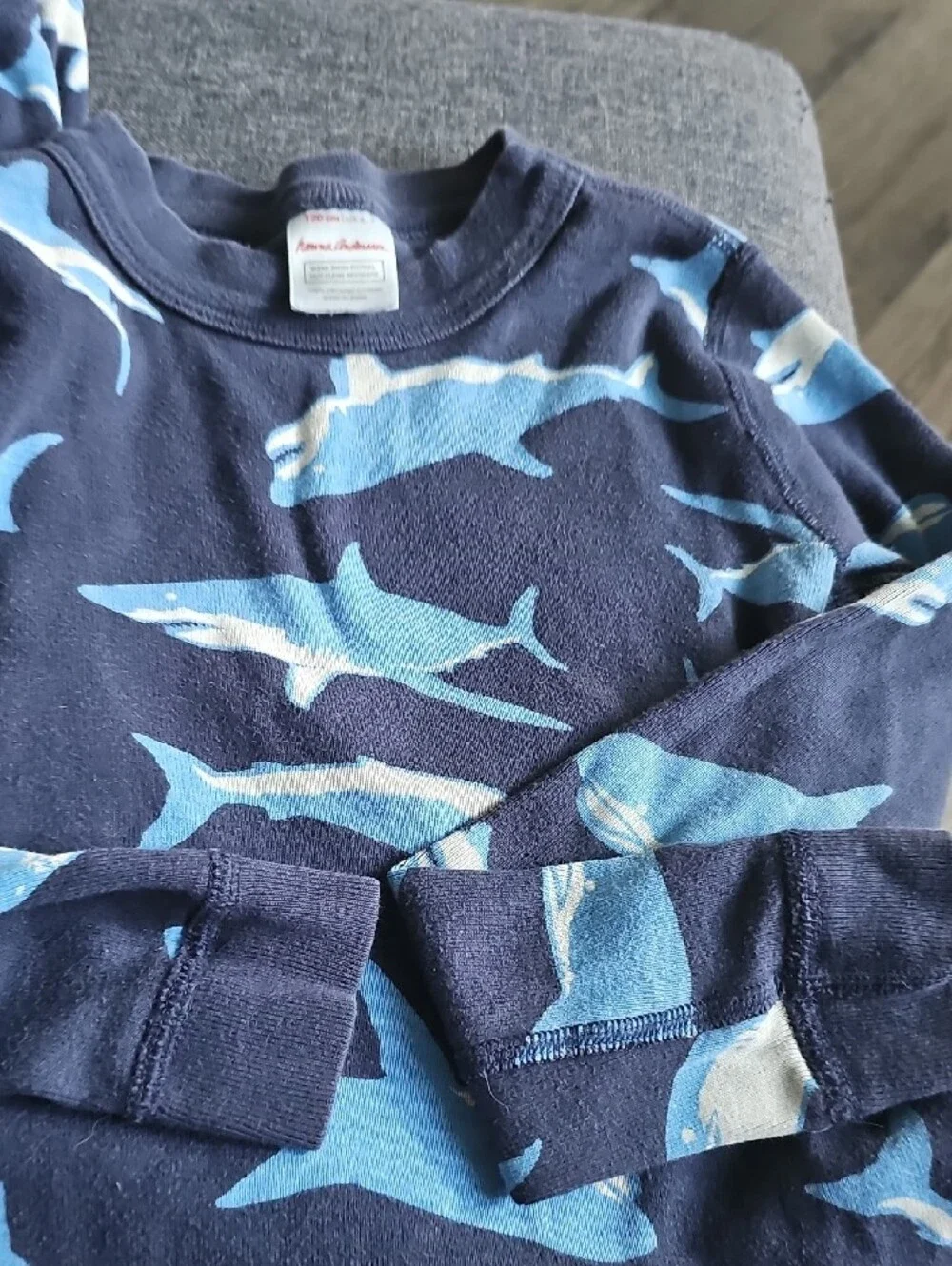Hanna Andersson Pajama Set Blue Long-Sleeve Shirt Shark Print Size 6 7 Boy Girl